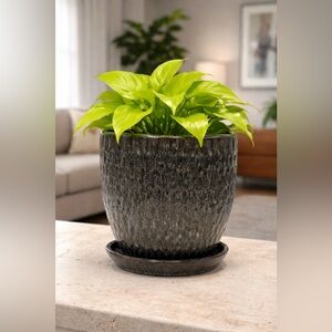 Handcrafted Ceramic Planter with Drainage 7 Inch Black & Grey Textured Clay Pot